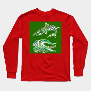 the shark and the alligator in swamp pattern fight Long Sleeve T-Shirt